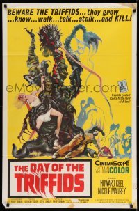4p176 DAY OF THE TRIFFIDS 1sh '62 classic English sci-fi horror, cool art of monster with girl!