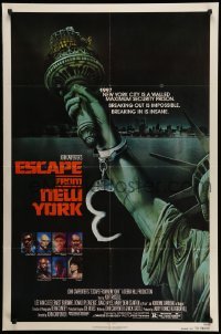 4p237 ESCAPE FROM NEW YORK advance 1sh '81 Carpenter, art of handcuffed Lady Liberty by Stan Watts!