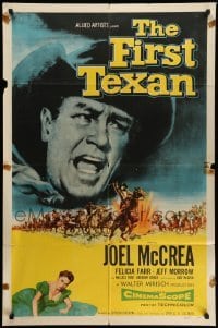4p262 FIRST TEXAN 1sh '56 great close up image of cowboy Joel McCrea, plus sexy Felicia Farr!