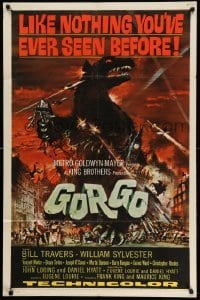 4p322 GORGO 1sh '61 great artwork of giant monster terrorizing city by Joseph Smith!