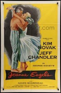 4p411 JEANNE EAGELS 1sh '57 best romantic artwork of Kim Novak & Jeff Chandler kissing!