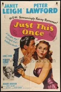4p421 JUST THIS ONCE 1sh '52 great art of Peter Lawford whispering to sexy Janet Leigh!