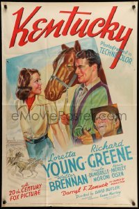 4p424 KENTUCKY style B 1sh '38 pretty Loretta Young, Richard Greene, cool horse racing art!