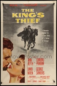 4p435 KING'S THIEF 1sh '55 Ann Blyth romancing Edmund Purdom & art of masked Purdom on horse!