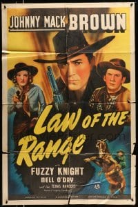 4p454 LAW OF THE RANGE 1sh '41 great close up of Johnny Mack Brown with gun & on horse!