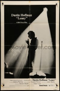 4p458 LENNY 1sh '74 cool image of Dustin Hoffman as comedian Lenny Bruce at microphone!