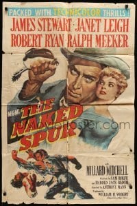 4p569 NAKED SPUR 1sh '53 art of strong man James Stewart & sexy bait Janet Leigh!