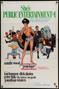 4p634 PENELOPE 1sh '66 Maurice Thomas art of sexiest Natalie Wood with big money bags and gun!