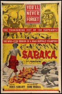 4p744 SABAKA 1sh '54 you'll never forget Boris Karloff or the 150 thundering elephants!
