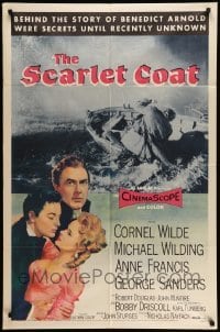 4p760 SCARLET COAT 1sh '55 romantic art of Cornel Wilde & Anne Francis, John Sturges directed!
