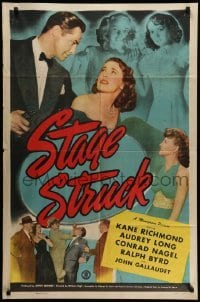 4p832 STAGE STRUCK 1sh '48 Kane Richmond holding gun on sexy Audrey Long, Conrad Nagel