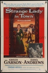 4p852 STRANGE LADY IN TOWN 1sh '55 Greer Garson, Dana Andrews, Cameron Mitchell!