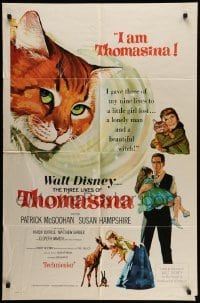 4p892 THREE LIVES OF THOMASINA 1sh '64 Walt Disney, great art of winking & smiling cat!