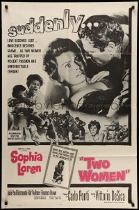 4p933 TWO WOMEN 1sh '61 Sophia Loren, Vittorio De Sica, suddenly love becomes lust