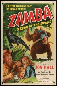 4p992 ZAMBA 1sh '49 Jon Hall & June Vincent, wild image of huge African ape carrying woman!