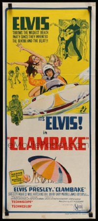 4r289 CLAMBAKE Aust daybill '67 McGinnis art of Elvis in speed boat w/sexy babes, rock & roll!