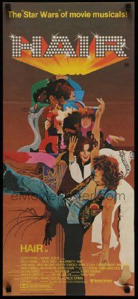 4r328 HAIR Aust daybill '79 Milos Forman, Treat Williams, musical, great Bob Peak artwork!