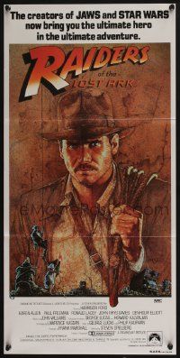 4r388 RAIDERS OF THE LOST ARK Aust daybill '81 art of adventurer Harrison Ford by Richard Amsel!