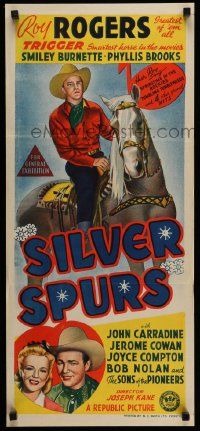 4r413 SILVER SPURS Aust daybill '43 art of Roy Rogers close up w/Brooks & riding Trigger!