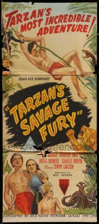 4r445 TARZAN'S SAVAGE FURY Aust daybill '52 art of Lex Barker & Dorothy Hart, Edgar Rice Burroughs