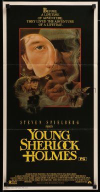 4r488 YOUNG SHERLOCK HOLMES Aust daybill '85 Steven Spielberg, Nicholas Rowe, cool detective art!