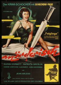4r627 HOMICIDAL German '61 William Castle, cool art of terrified lady & giant knife!