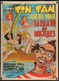 4r081 LA ISLA DE LAS MUJERES Mexican poster '53 art of Tin-Tan on island with sexy babes by Urzaiz!