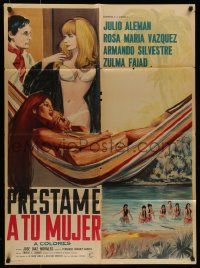 4r102 PRESTAME A TU MUJER Mexican poster '69 art of lovers in hammock + topless girls in lake!