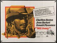 4t596 WILL PENNY British quad '68 close up of cowboy Charlton Heston, Hackett, Donald Pleasance