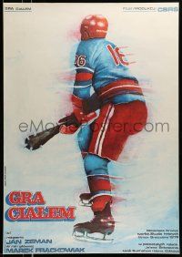 4t939 HRA NA TELO Polish 27x38 '80 Jan Zeman, Ploza-Dolinski art of hockey player w/spiked club!