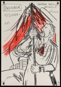 4t833 DWURNIK RYSUNEK exhibition Polish 23x33 '89 Edward Dwurnik artwork of man & umbrella!