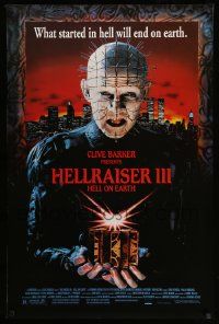4w405 HELLRAISER III: HELL ON EARTH 1sh '92 Clive Barker, great c/u image of Pinhead holding cube!