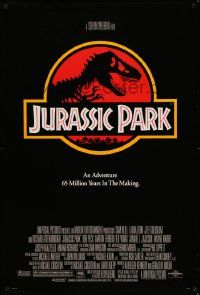 4w495 JURASSIC PARK DS 1sh '93 Steven Spielberg, classic logo with T-Rex over red background