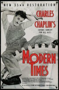 4w628 MODERN TIMES 25x38 1sh R90s great image of Charlie Chaplin running with gears in background!