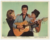 4x013 DOUBLE TROUBLE color 8x10 still '67 Elvis Presley w/guitar between Annette Day & Yvonne Romain