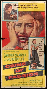 4y769 CRIME OF PASSION 3sh '57 different image of horrified Barbara Stanwyck & Sterling Hayden!