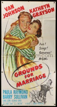 4y811 GROUNDS FOR MARRIAGE 3sh '51 cool art of Van Johnson & pretty opera singer Kathryn Grayson!