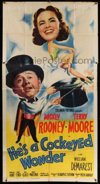 4y822 HE'S A COCKEYED WONDER 3sh '50 wacky art of magician Mickey Rooney & pretty Terry Moore!