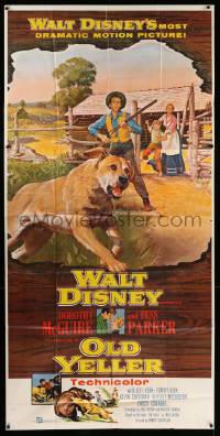 4y875 OLD YELLER 3sh '57 Dorothy McGuire, Fess Parker, art of Walt Disney's most classic canine!