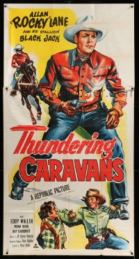 4y963 THUNDERING CARAVANS 3sh '52 great artwork of cowboy Rocky Lane w/smoking gun & Black Jack!