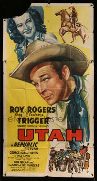 4y979 UTAH 3sh '45 great c/u art of Roy Rogers + Dale Evans, Trigger & Sons of the Pioneers