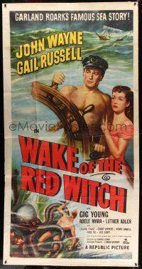 4y986 WAKE OF THE RED WITCH 3sh R52 art of barechested John Wayne & Gail Russell at sea!