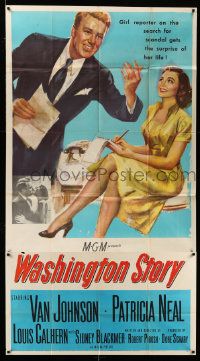 4y988 WASHINGTON STORY 3sh '52 pretty news reporter Patricia Neal gets a surprise from Van Johnson!