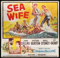 4y075 SEA WIFE 6sh '57 great castaway art of sexy Joan Collins & Richard Burton on raft at sea!