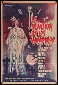 4y329 LA INVASION DE LOS VAMPIROS Argentinean '63 cool art of sexy vampire in see-through robe!
