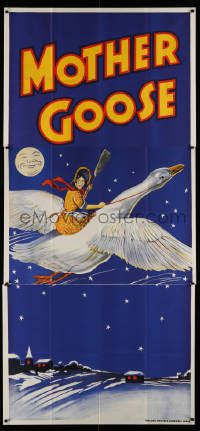 4y864 MOTHER GOOSE stage play English 3sh '30s stone litho art of mom holding broom & riding goose!