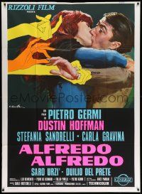 4y389 ALFREDO ALFREDO Italian 1p '72 art of Dustin Hoffman kissing Stefania Sandrelli by Ciriello!