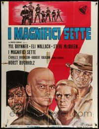 4y559 MAGNIFICENT SEVEN Italian 1p R70s Brynner, Steve McQueen, Sturges, different Avelli art