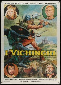 4y694 VIKINGS Italian 1p '58 Kirk Douglas, Tony Curtis, Janet Leigh, cool different art!