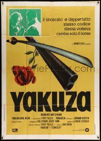 4y712 YAKUZA Italian 1p '75 Robert Mitchum, Paul Schrader, different sword, rose & shotgun art!
